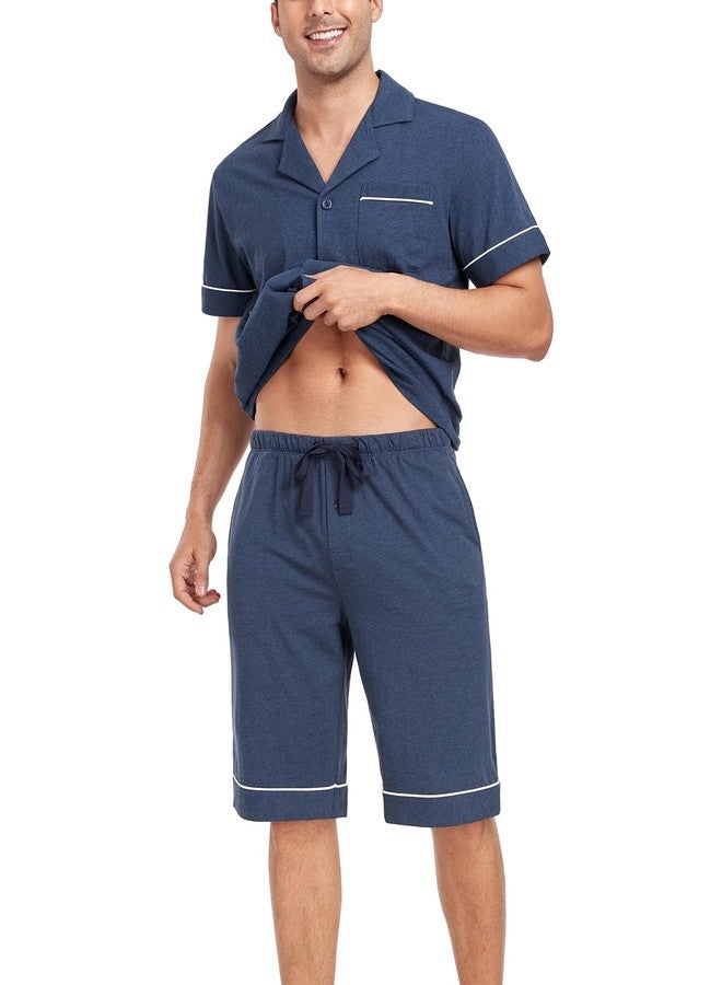 COLORFULLEAF Men's 100% Cotton Short Sleeve Pajama Sets Button Down Notched Collar Sleepwear Soft Lounge Pjs with Pockets (Heather Navy, XL) - Image 2